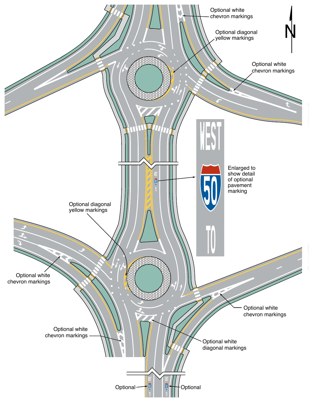 Figure 3D-8. Example of Markings for a Diamond Interchange with Two Circular-Shaped Roundabout Ramp Terminals