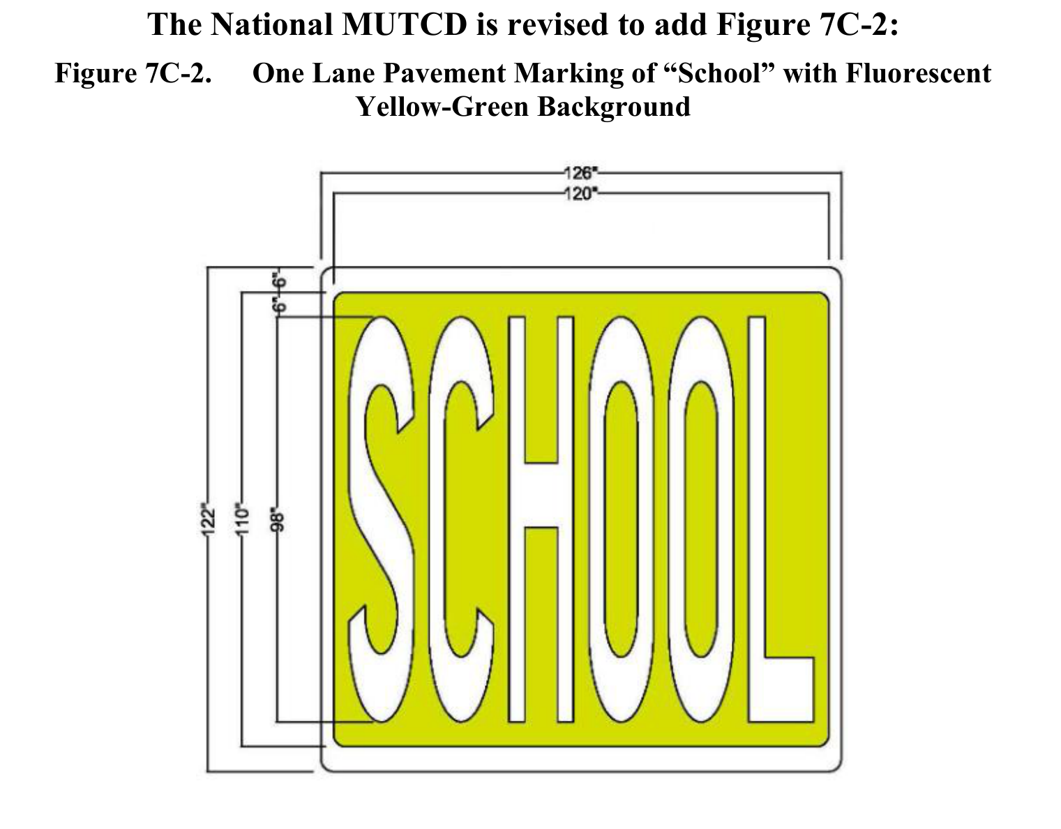 Figure 7C-2. One Lane Pavement Marking of “School” with Fluorescent Yellow-Green Background