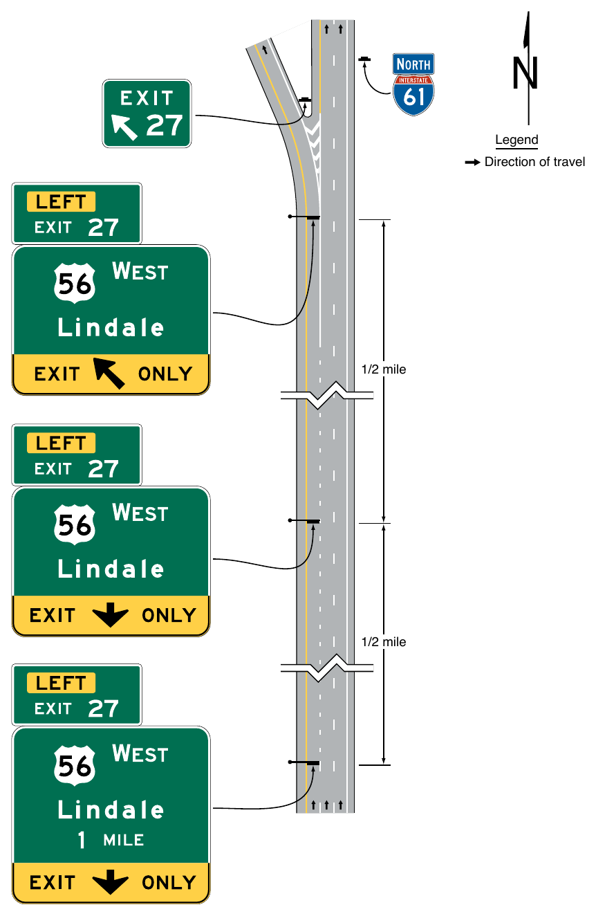 Figure 2E-18. Guide Signs for a Single-Lane Exit to the Left with a Dropped Lane