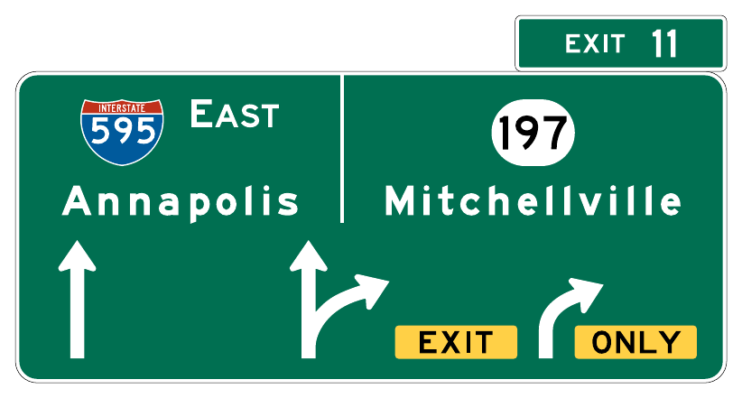 Figure 2E-35. Example of an Overhead Arrow-per-Lane Guide Sign for a Multi-Lane Exit with an Option Lane
