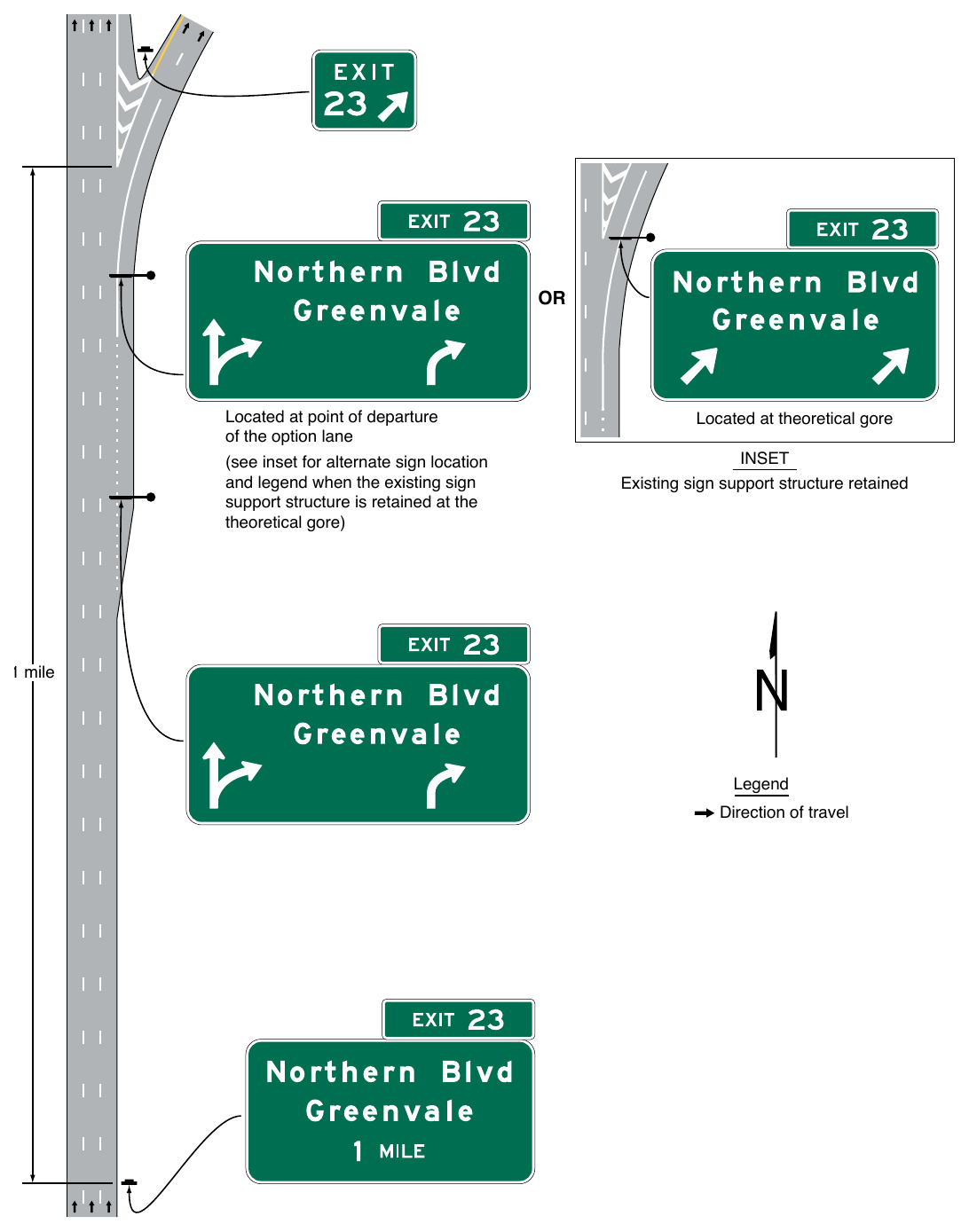 Figure 2E-45. Example of Signing for a Two-Lane Intermediate or Minor Interchange Exit with Option and Auxiliary Lanes using Partial-Width Overhead Arrow-per-Lane Signs