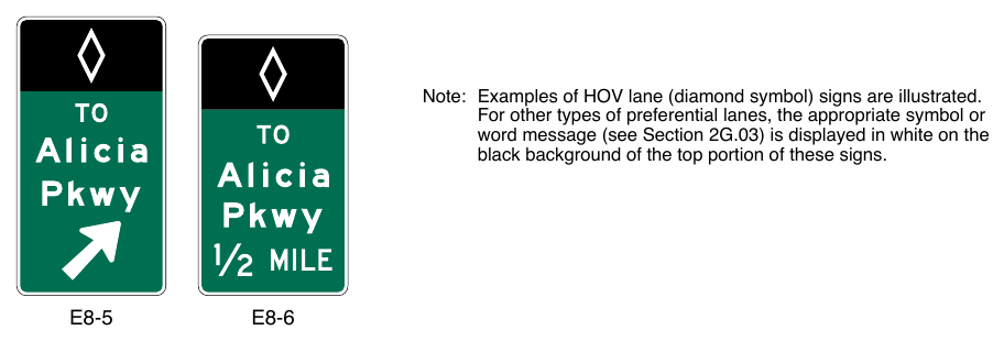 Figure 2G-12. Examples of Barrier-Mounted Guide Signs for an Intermediate Egress from Preferential Lanes