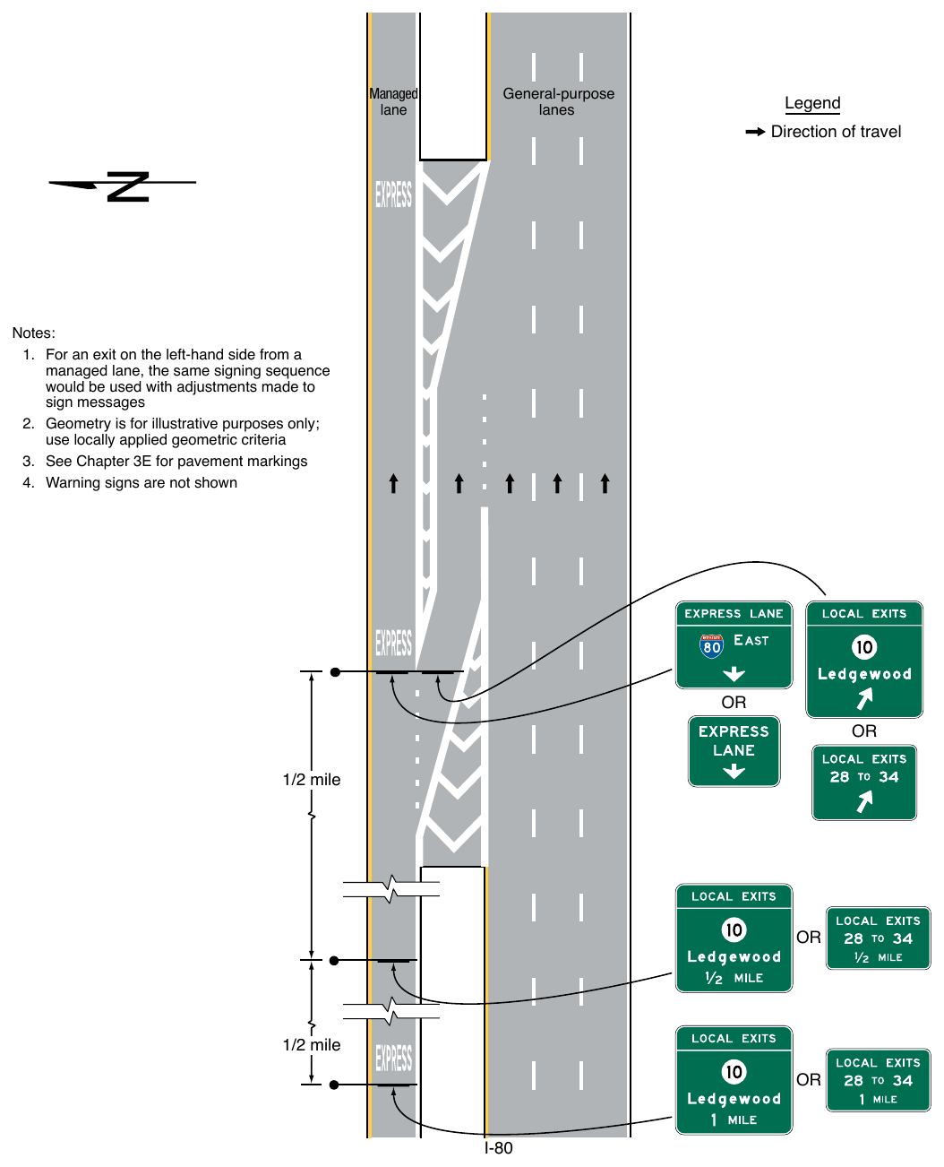 Figure 2G-27. Examples of Guide Signs for an Intermediate Egress from a Barrier-Separated or Buffer-Separated Managed Lane