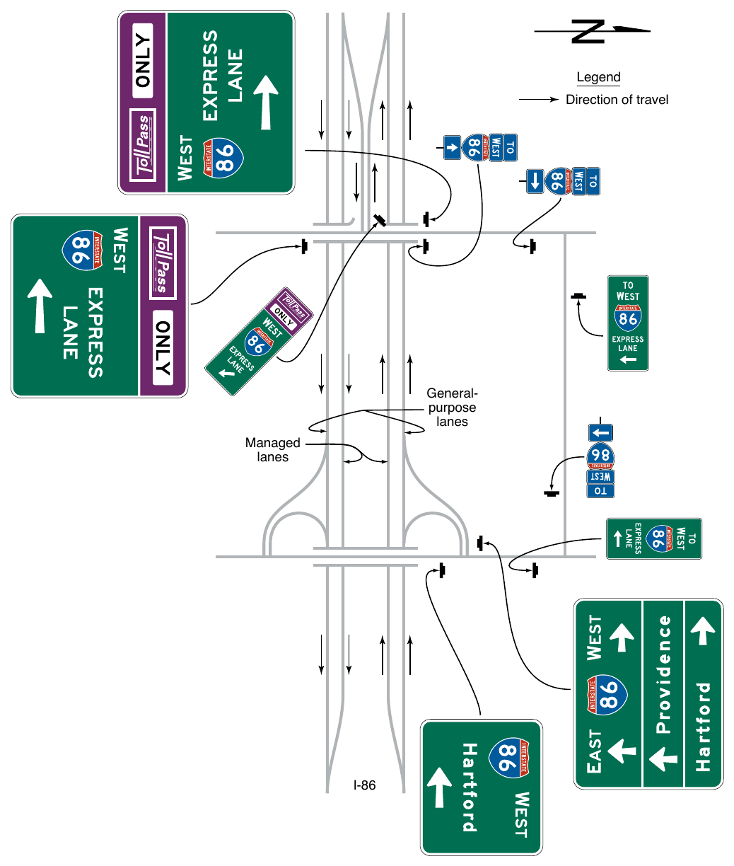 Figure 2G-30. Examples of Guide Signs for a Direct Entrance Ramp to a Priced Managed Lane and Trailblazing to a Nearby Entrance to the General-Purpose Lanes