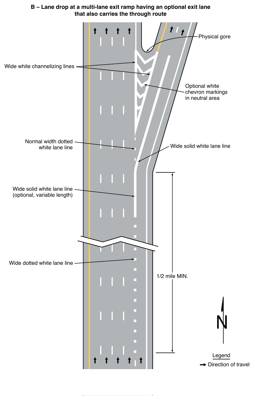 Figure 3B-11. Examples of Applications of Freeway and Expressway Lane-Drop Markings (Sheet 2 of 6)