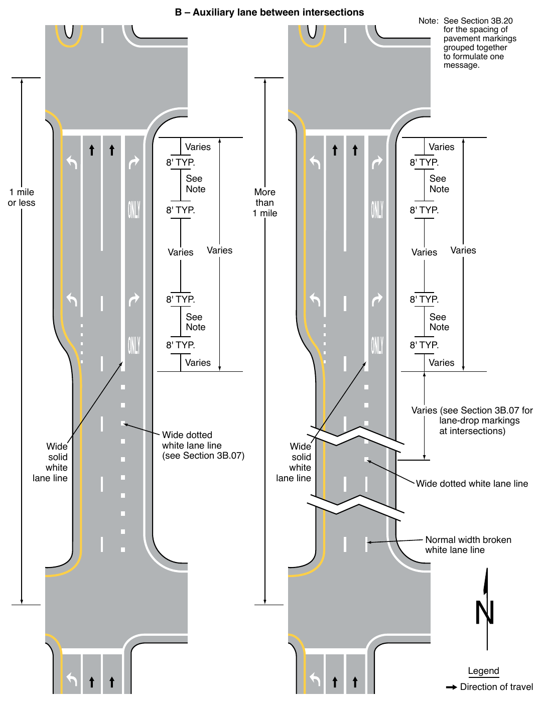 Figure 3B-12. Examples of Applications of Conventional Road Lane-Drop Markings (Sheet 2 of 2)