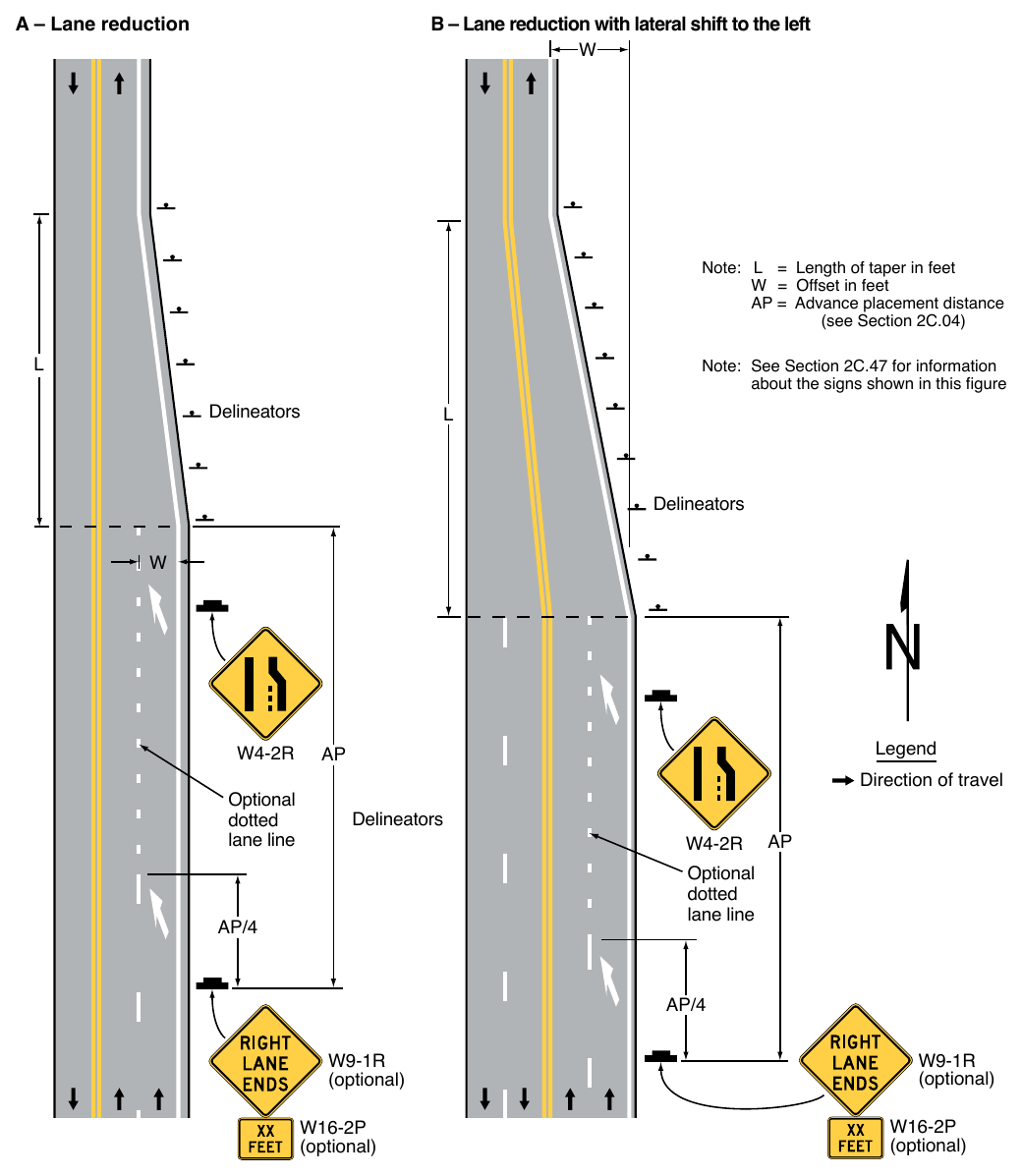 Figure 3B-14. Examples of Applications of Lane-Reduction Transition Markings