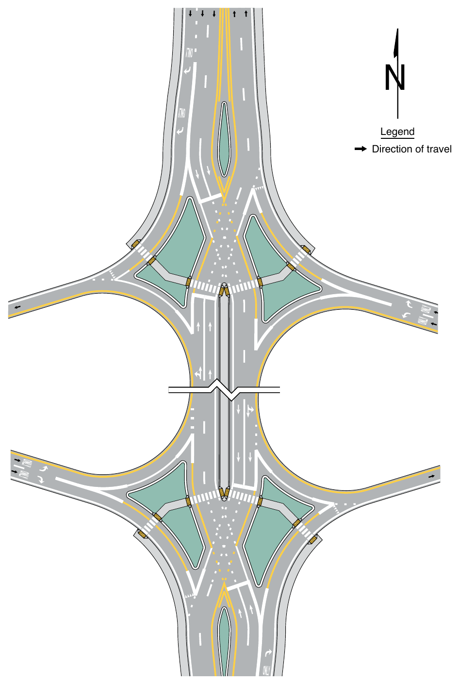 Figure 3B-29. Example of Pavement Markings for a Diamond Interchange with a Transposed Alignment Crossroad