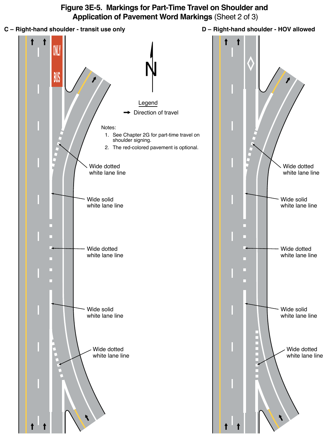 Figure 3E-5. Markings for Part-Time Travel on Shoulder and Application of Pavement Word Markings (Sheet 2 of 3)