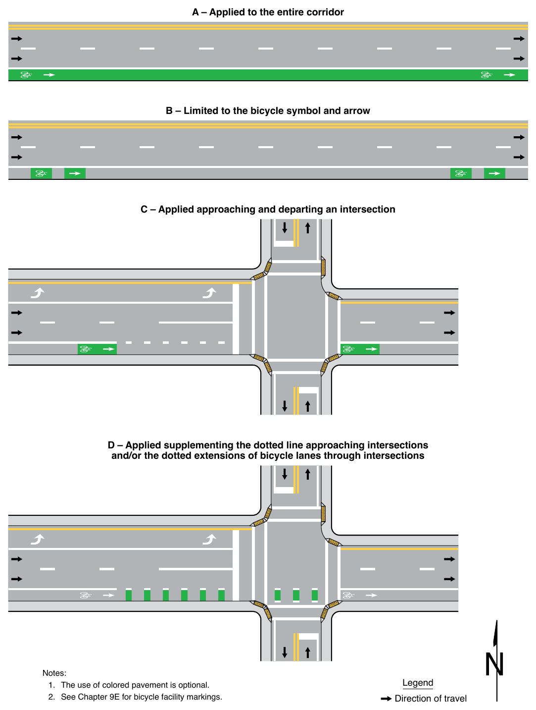 Figure 3H-4. Examples of Green-Colored Pavement Applications