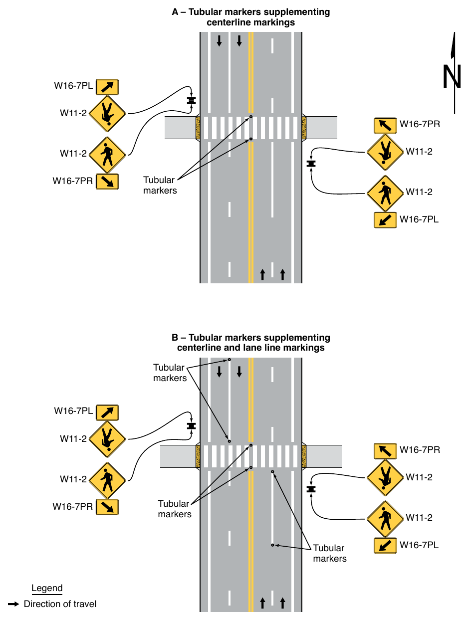 Figure 3I-1. Examples of Tubular Markers Supplementing Pavement Markings in Advance of an Unsignalized Crosswalk (Sheet 1 of 2)