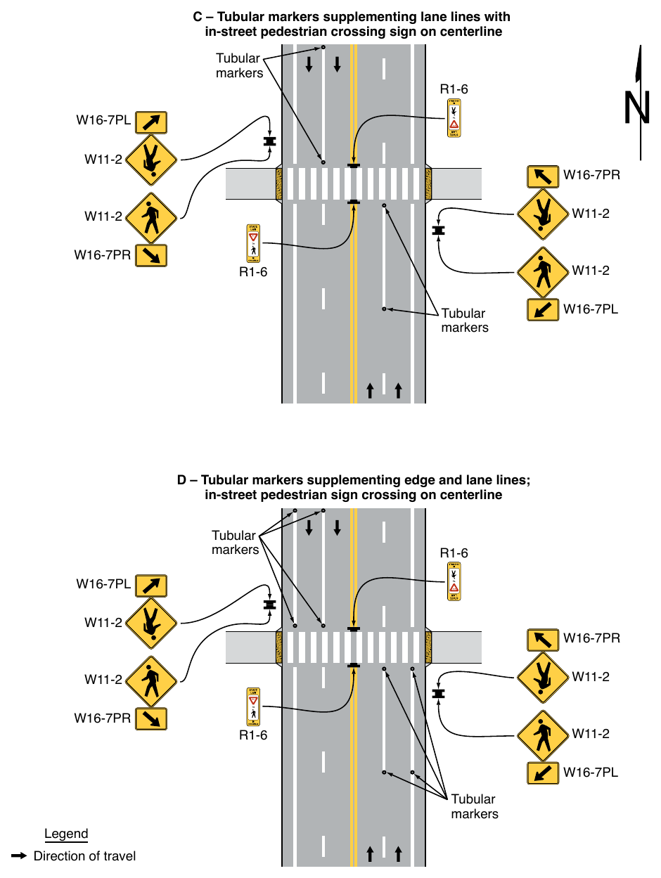 Figure 3I-1. Examples of Tubular Markers Supplementing Pavement Markings in Advance of an Unsignalized Crosswalk (Sheet 2 of 2)