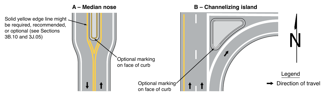 Figure 3J-3. Examples of Curb Markings for Raised Islands
