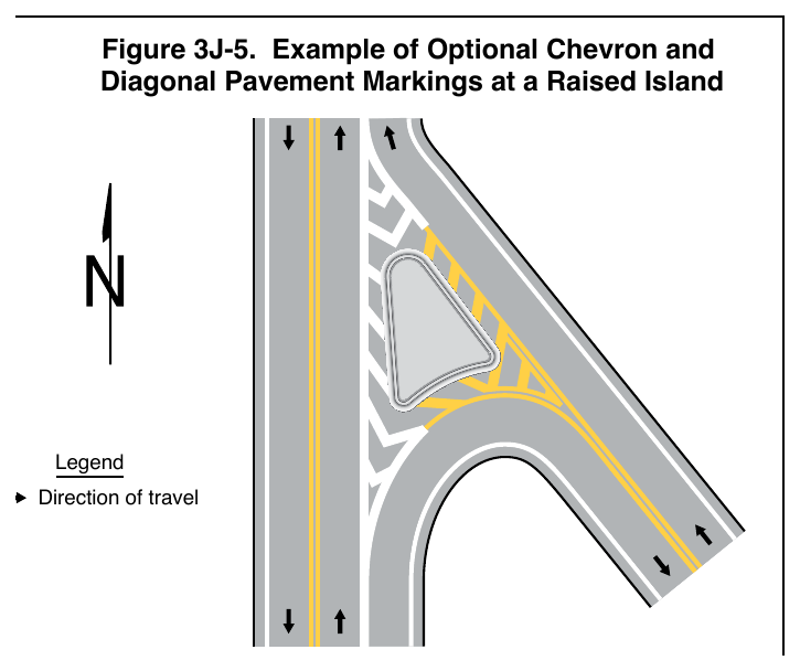 Figure 3J-5. Example of Optional Chevron and Diagonal Pavement Markings at a Raised Island
