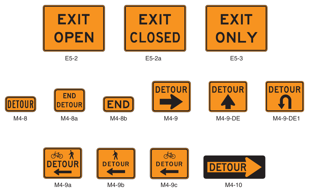 Figure 6I-1. Exit Open and Closed and Detour Signs and Plaques (Delaware Revision)