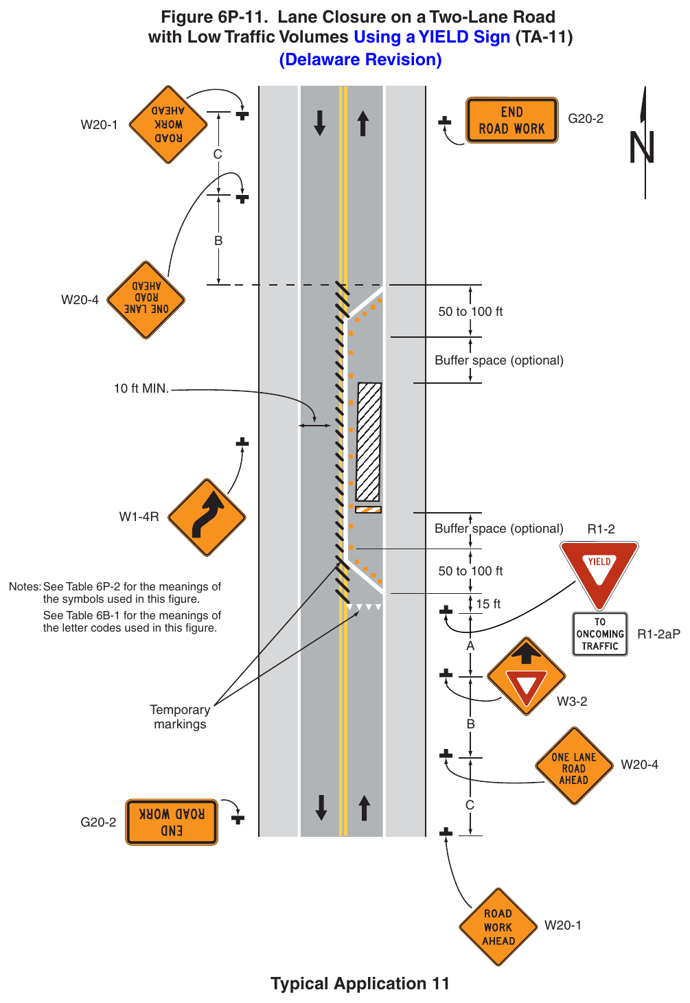Figure 6P-11. Lane Closure on a Two-Lane Road with Low Traffic Volumes Using a YIELD Sign (TA-11) (Delaware Revision)