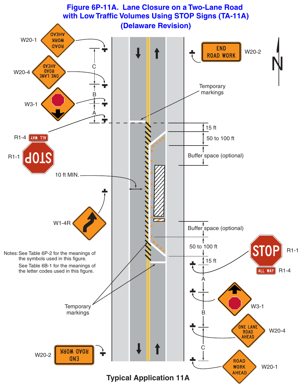 Figure 6P-11A. Lane Closure on a Two-Lane Road with Low Traffic Volumes Using STOP Signs (TA-11A) (Delaware Revision)