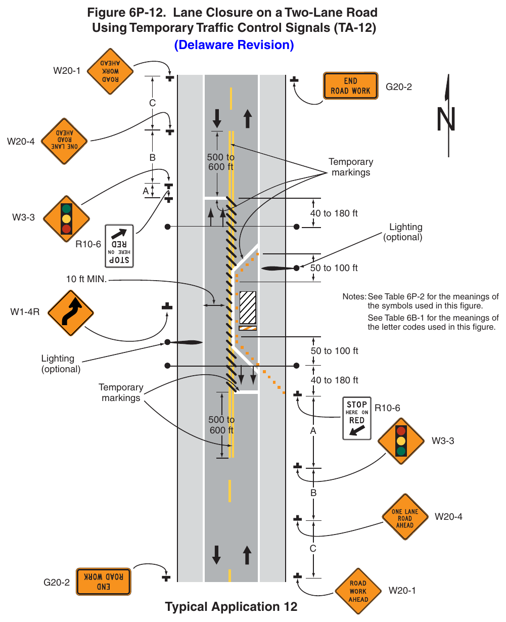 Figure 6P-12. Lane Closure on a Two-Lane Road Using Temporary Traffic Control Signals (TA-12) (Delaware Revision)