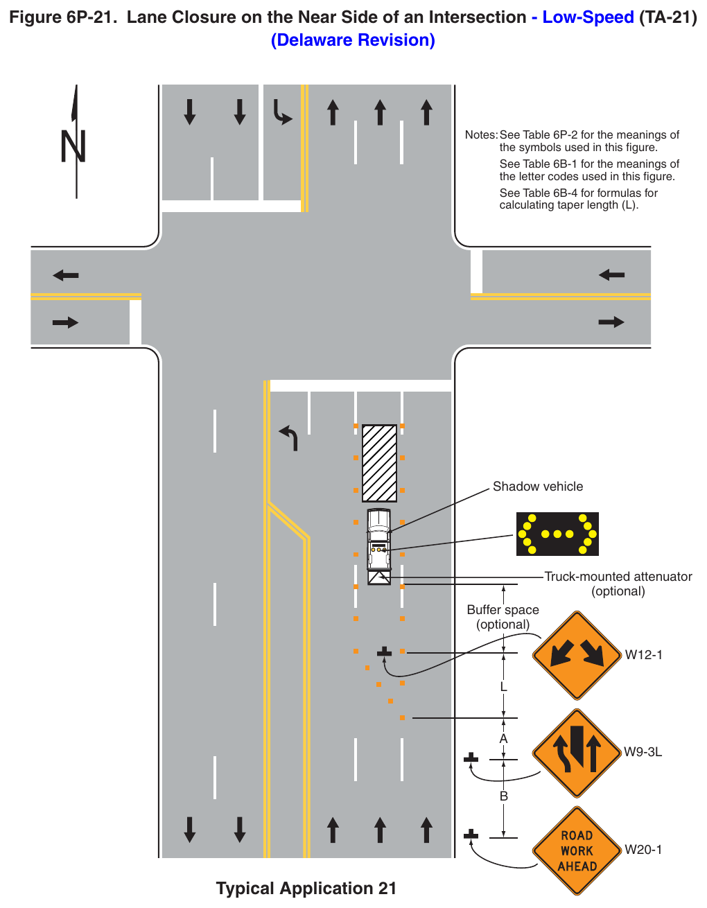 Figure 6P-21. Lane Closure on the Near Side of an Intersection - Low-Speed (TA-21) (Delaware Revision)