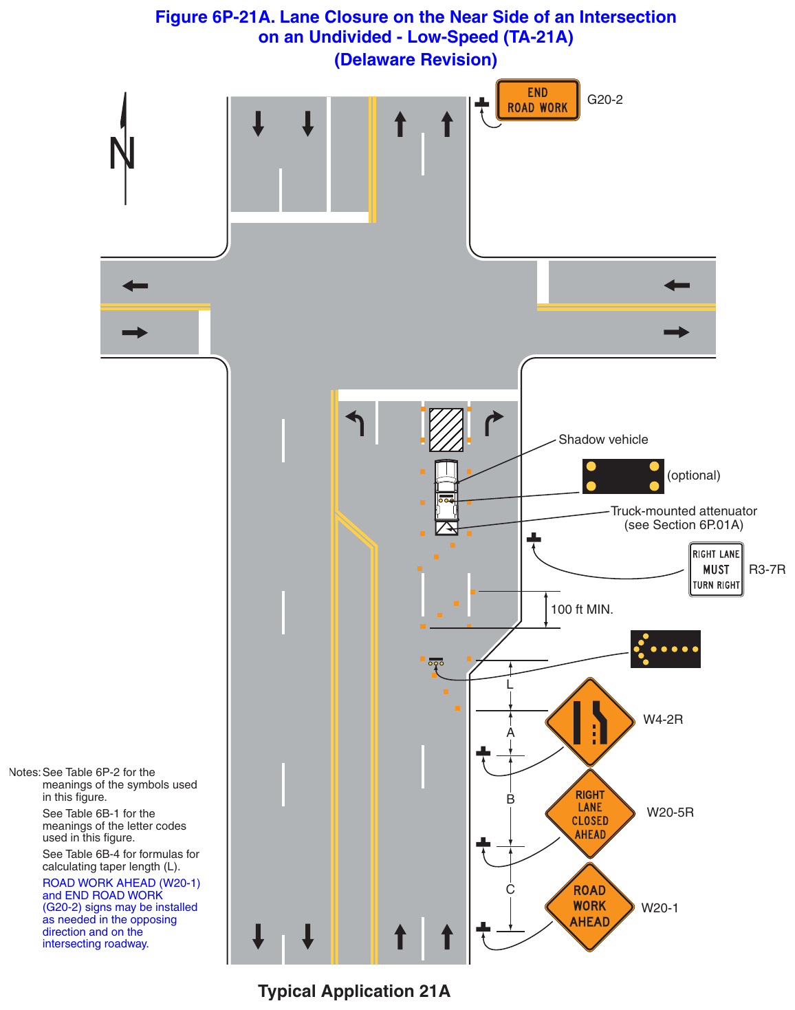 Figure 6P-21A. Lane Closure on the Near Side of an Intersection on an Undivided - Low-Speed (TA-21A) (Delaware Revision)