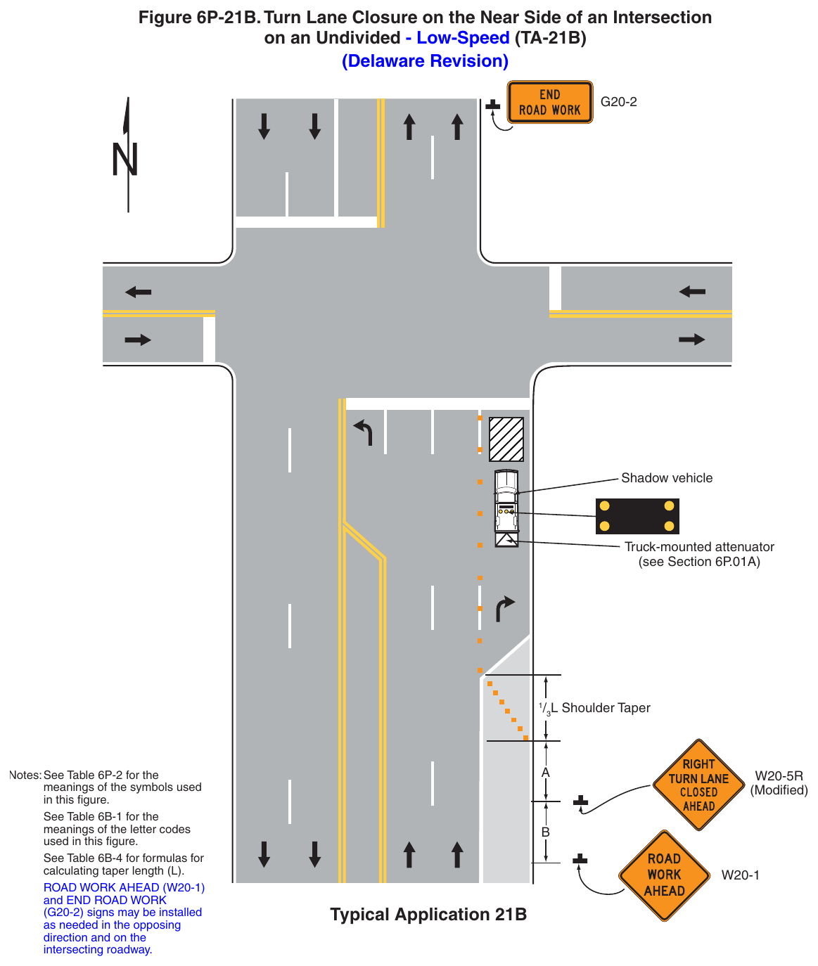 Figure 6P-21B. Turn Lane Closure on the Near Side of an Intersection on an Undivided - Low-Speed (TA-21B) (Delaware Revision)