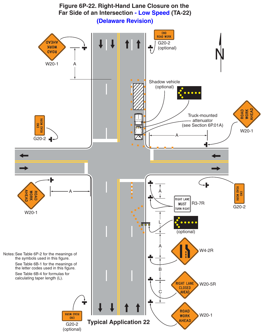 Figure 6P-22. Right-Hand Lane Closure on the Far Side of an Intersection - Low Speed (TA-22) (Delaware Revision)