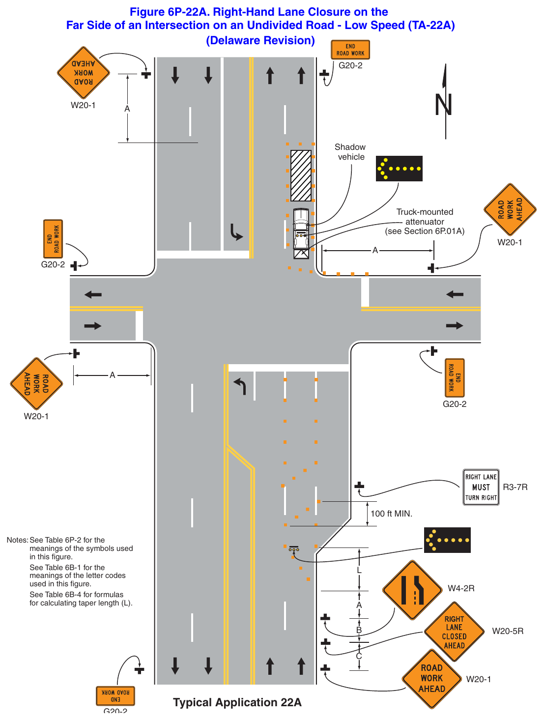 Figure 6P-22A. Right-Hand Lane Closure on the Far Side of an Intersection on an Undivided Road - Low Speed (TA-22A) (Delaware Revision)