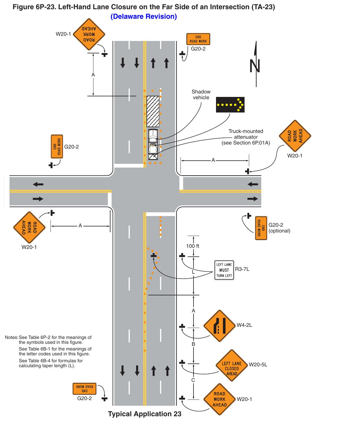 Figure 6P-23. Left-Hand Lane Closure on the Far Side of an Intersection (TA-23) (Delaware Revision)