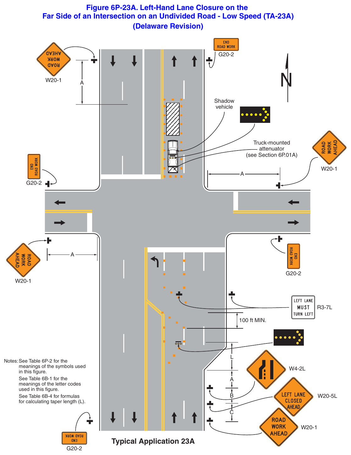 Figure 6P-23A. Left-Hand Lane Closure on the Far Side of an Intersection on an Undivided Road - Low Speed (TA-23A) (Delaware Revision)