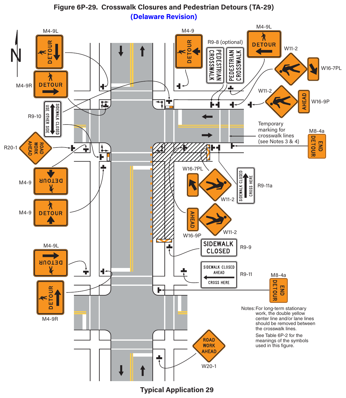 Figure 6P-29. Crosswalk Closures and Pedestrian Detours (TA-29) (Delaware Revision)