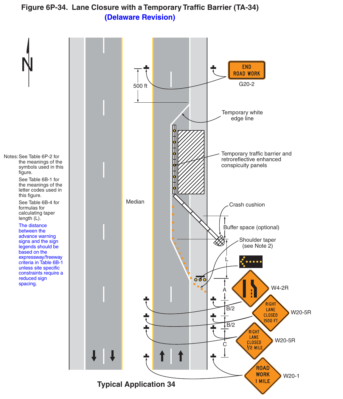 Figure 6P-34. Lane Closure with a Temporary Traffic Barrier (TA-34) (Delaware Revision)