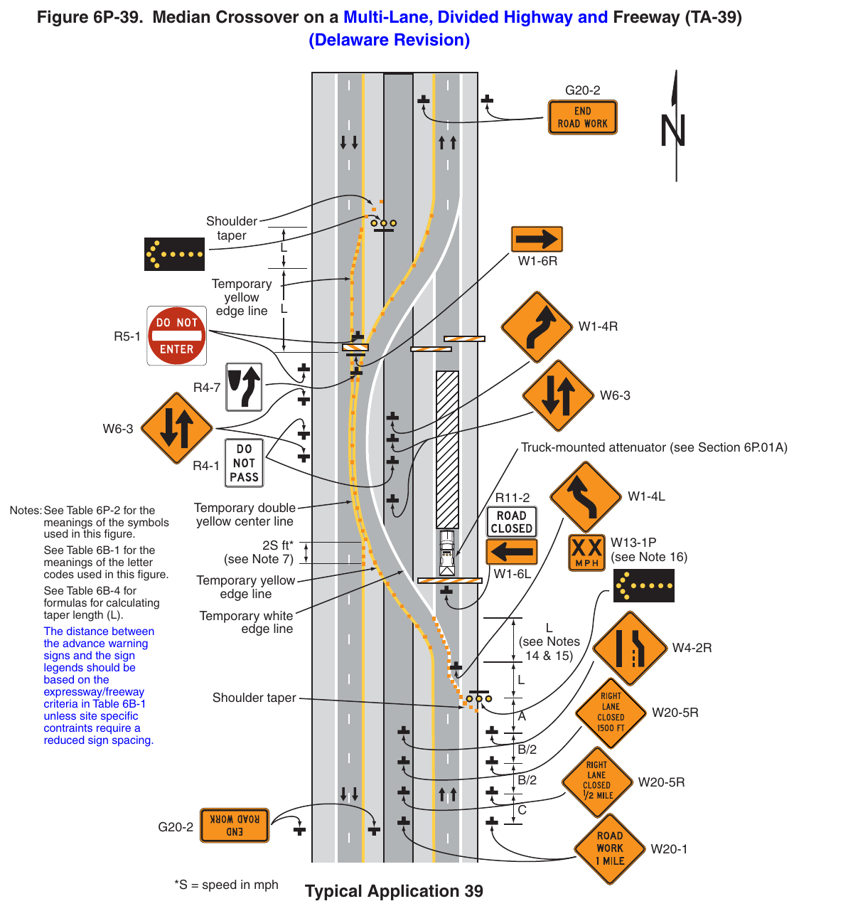 Figure 6P-39. Median Crossover on a Multi-Lane, Divided Highway and Freeway (TA-39) (Delaware Revision)