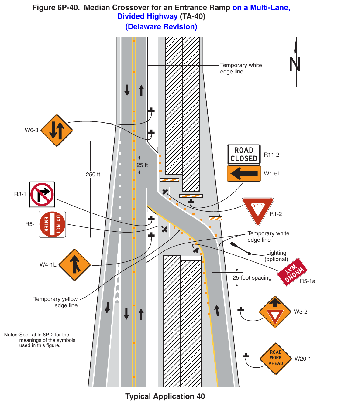 Figure 6P-40. Median Crossover for an Entrance Ramp on a Multi-Lane, Divided Highway (TA-40) (Delaware Revision)