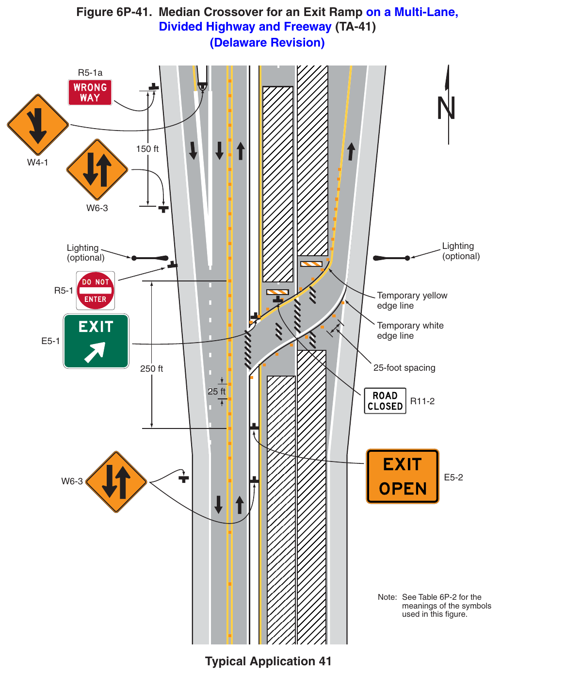 Figure 6P-41. Median Crossover for an Exit Ramp on a Multi-Lane, Divided Highway and Freeway (TA-41) (Delaware Revision)