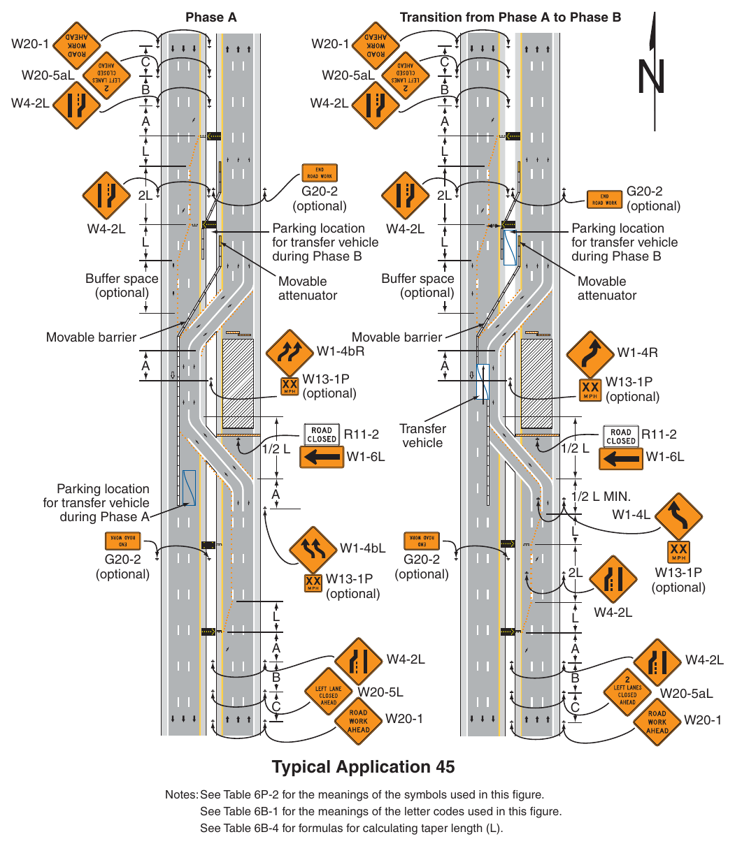 Figure 6P-45. Temporary Reversible Lane Using Movable Barriers (TA-45)