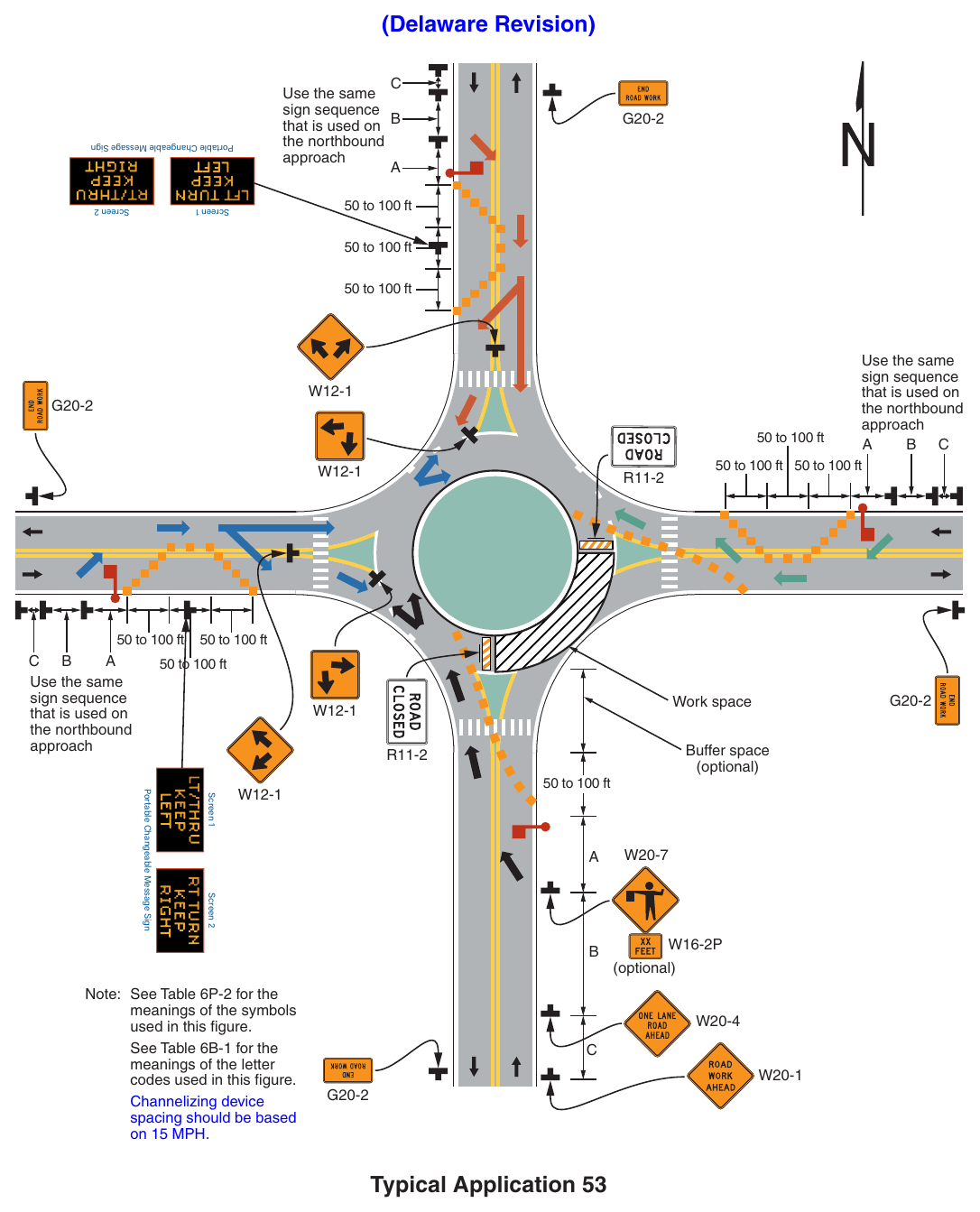 Figure 6P-53. Flagging Operation on a Single-Lane Circular Intersection (TA-53) (Delaware Revision)