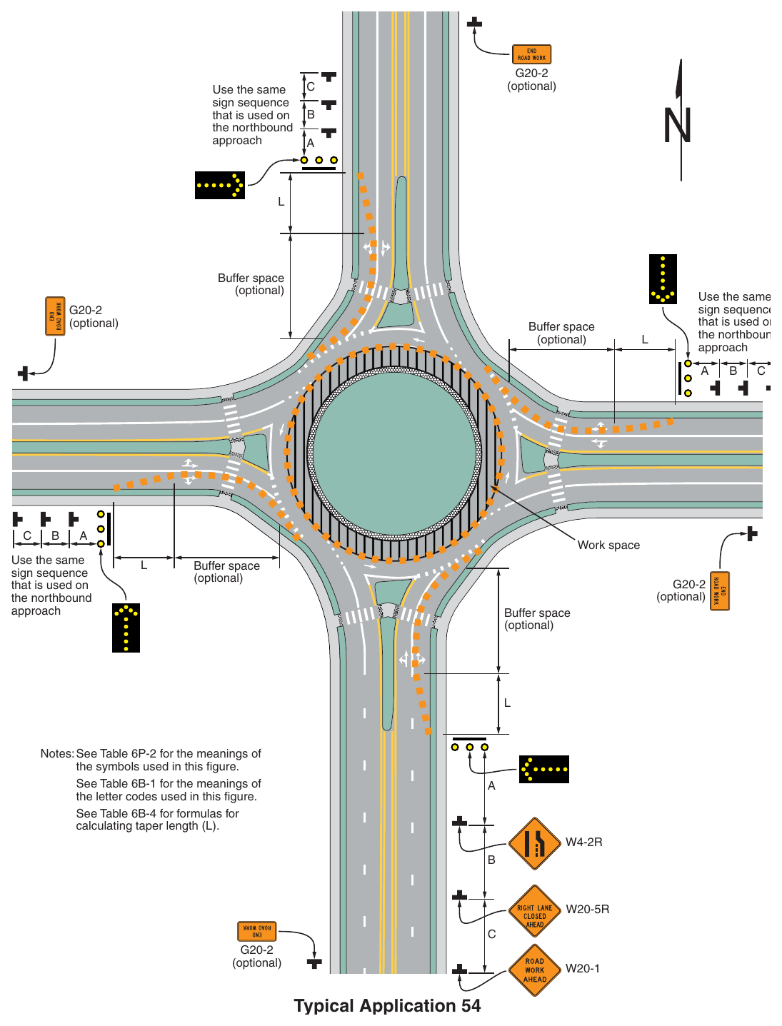 Figure 6P-54. Inside Lane Closure on a Multi-Lane Circular Intersection (TA-54)