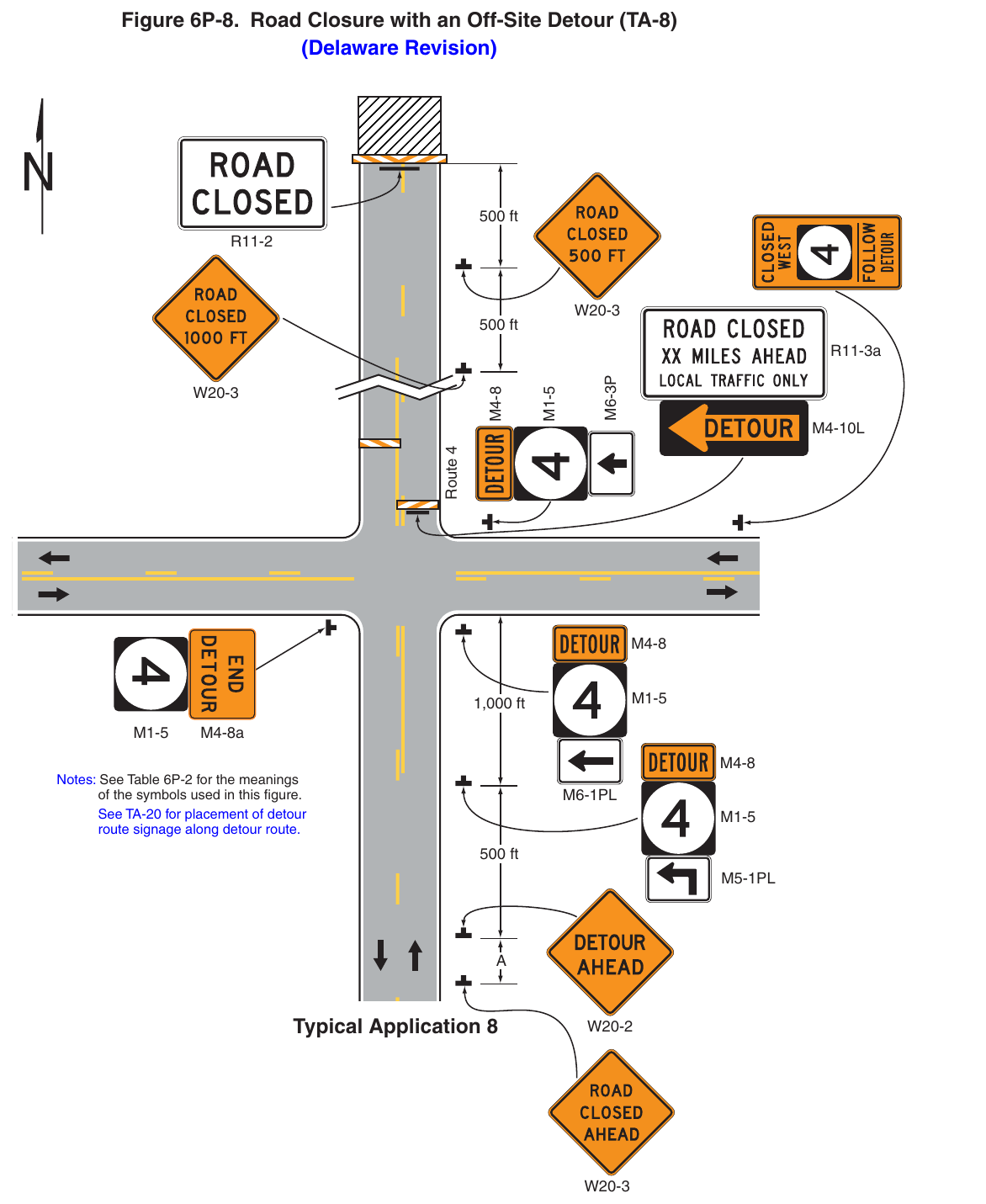 Figure 6P-8. Road Closure with an Off-Site Detour (TA-8) (Delaware Revision)