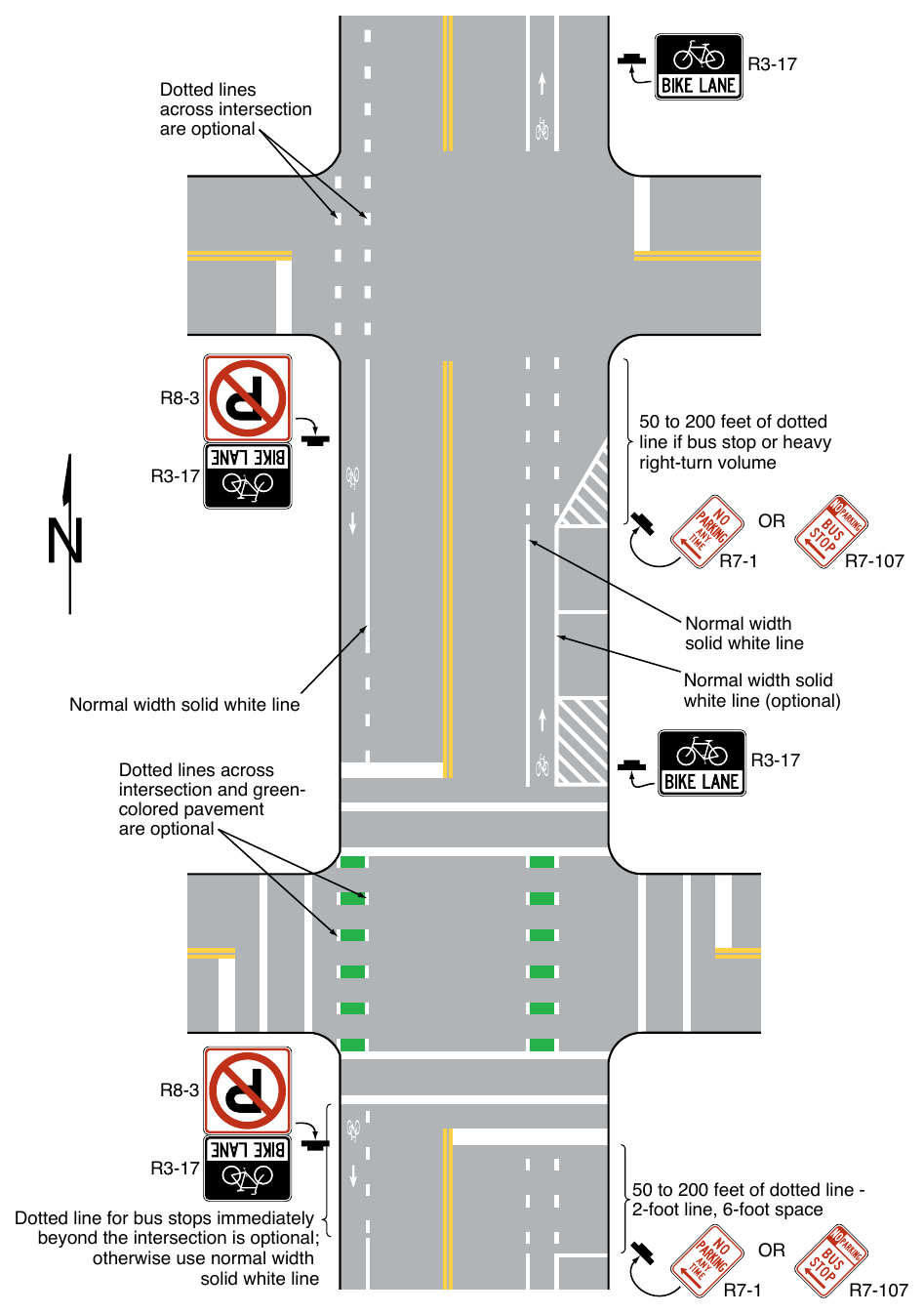 Figure 9E-2. Example of Pavement Markings for Bicycle Lanes on a Two-Way Street