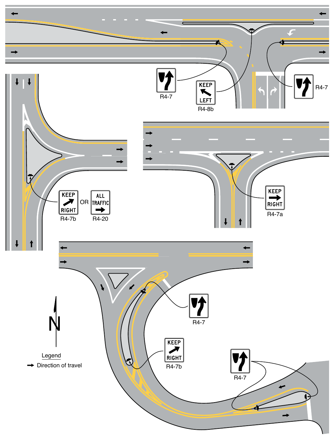 Figure 2B-11. Examples of Keep Right and Keep Left Sign Placement