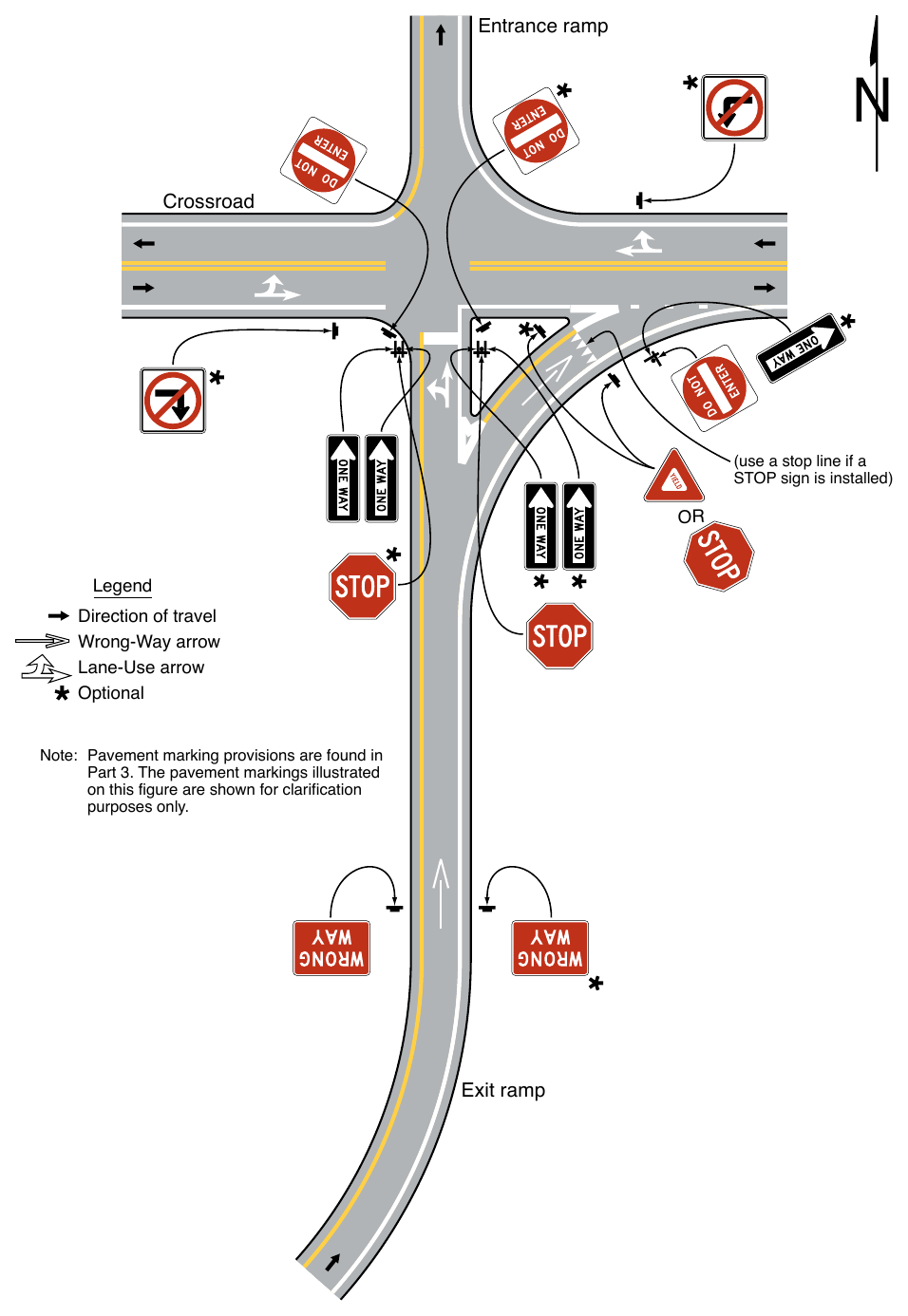 Figure 2B-15. Example of Application of Regulatory Signing and Pavement Markings at an Exit Ramp Termination to Deter Wrong-Way Entry