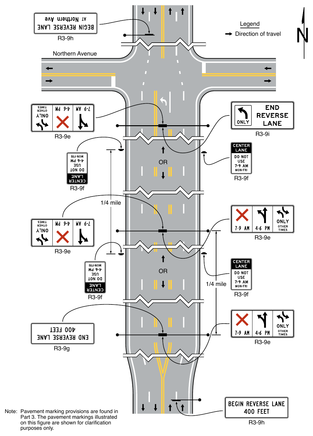 Figure 2B-7. Location of Reversible Two-Way Left-Turn Signs