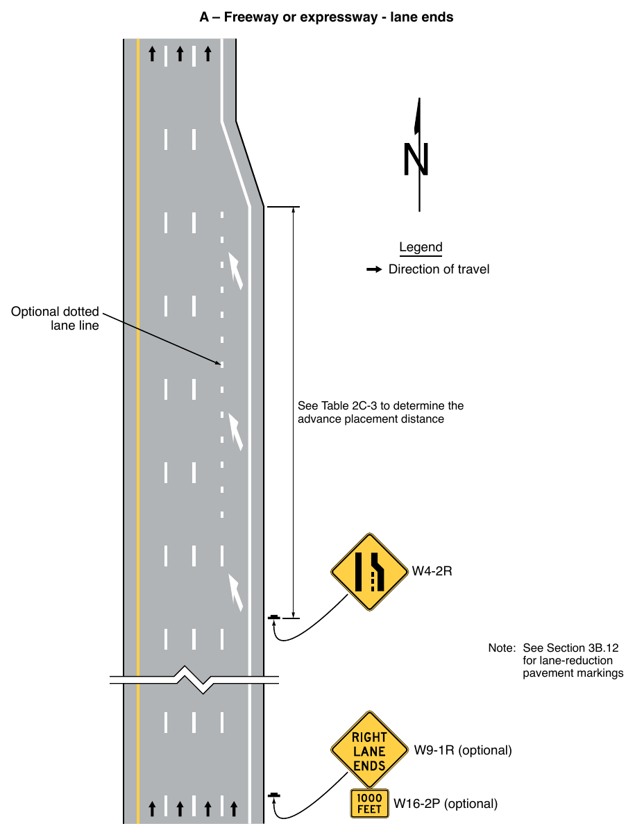 Figure 2C-13. Example Sequences for Lane Ends and Lane Merge Signs (Sheet 1 of 5)