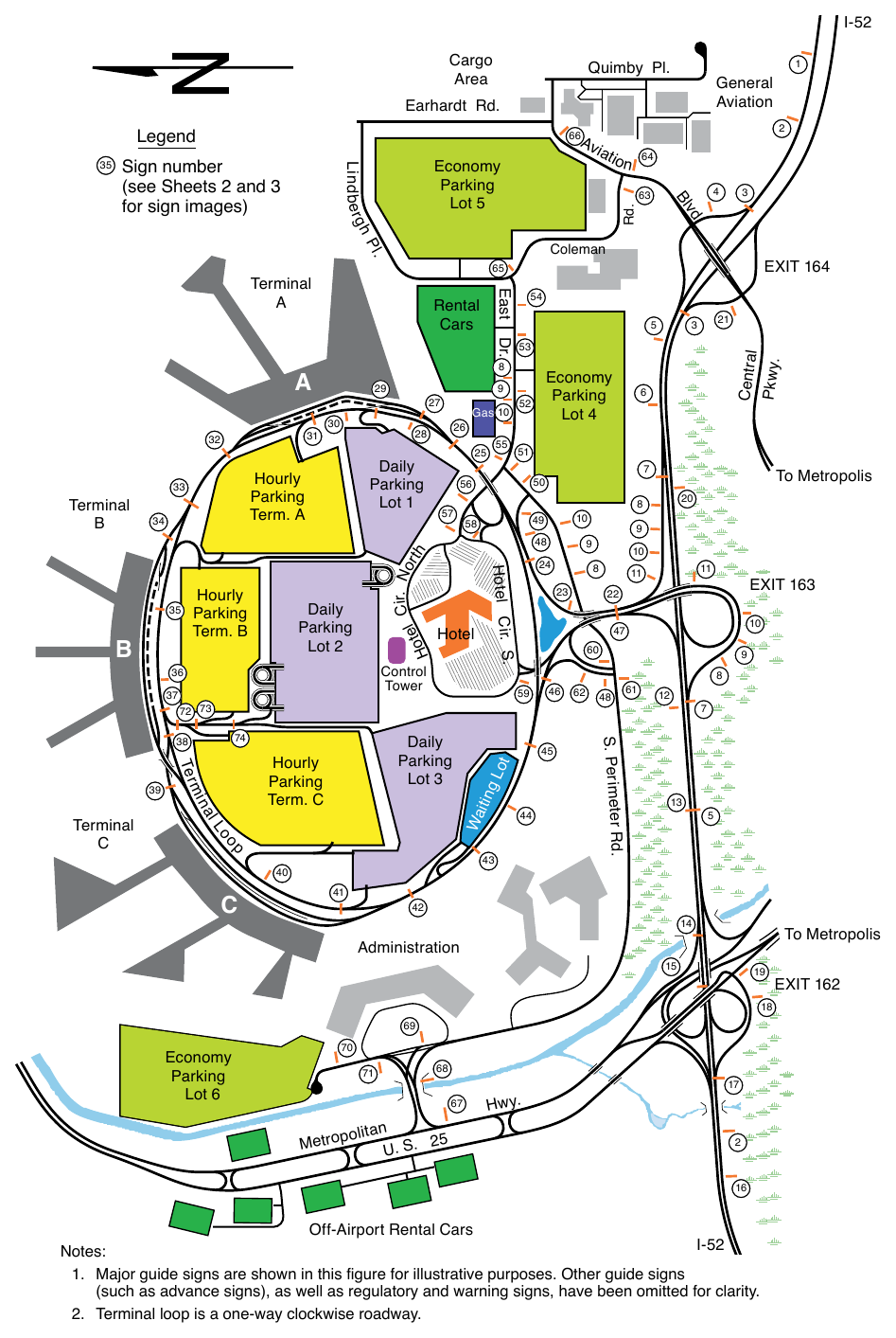 Figure 2D-39. Example of a System of Major Guide Signs for an Airport Roadway Network (Sheet 1 of 3)