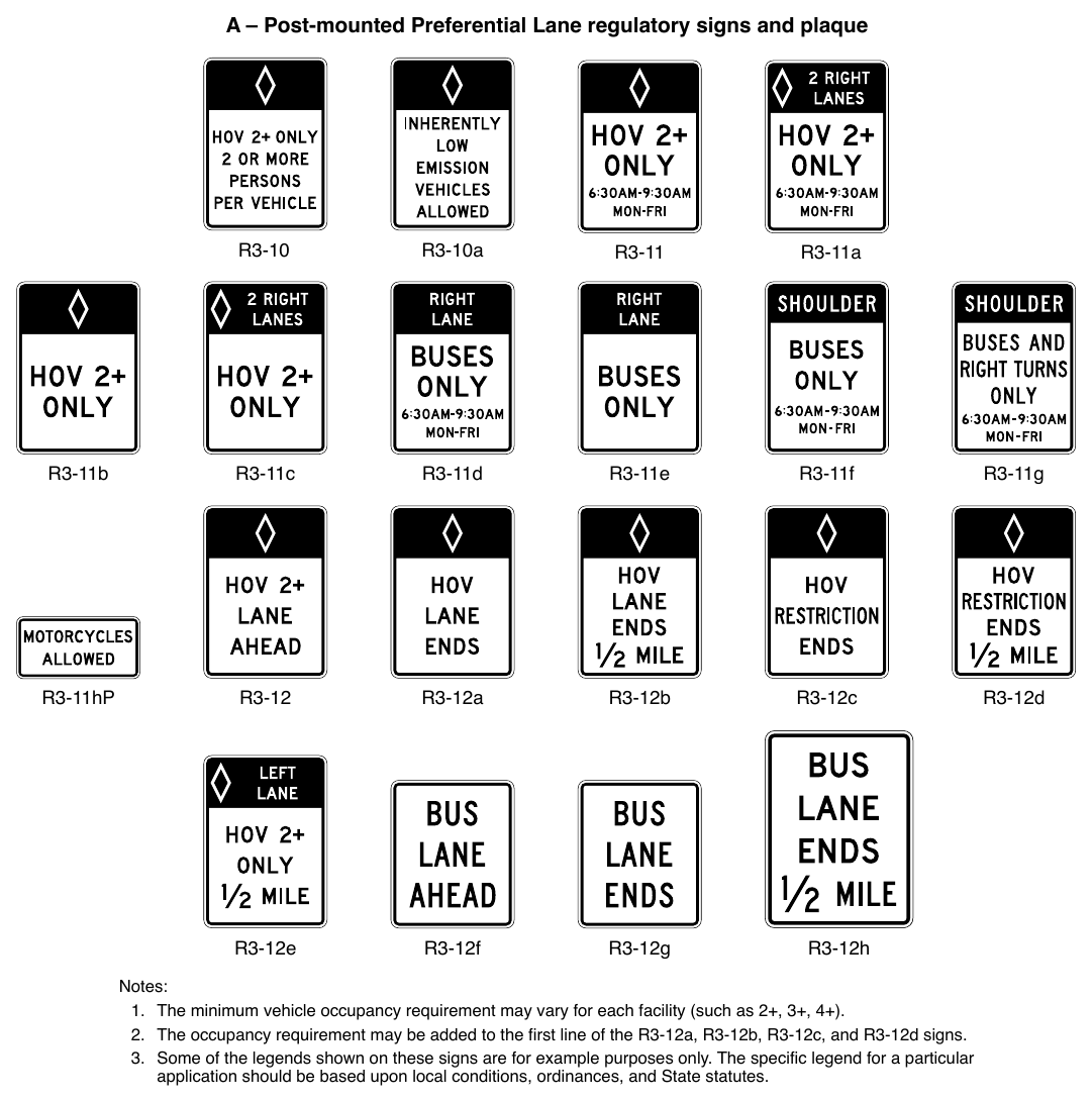 Figure 2G-1. Preferential Lane Regulatory Signs and Plaque (Sheet 1 of 2)