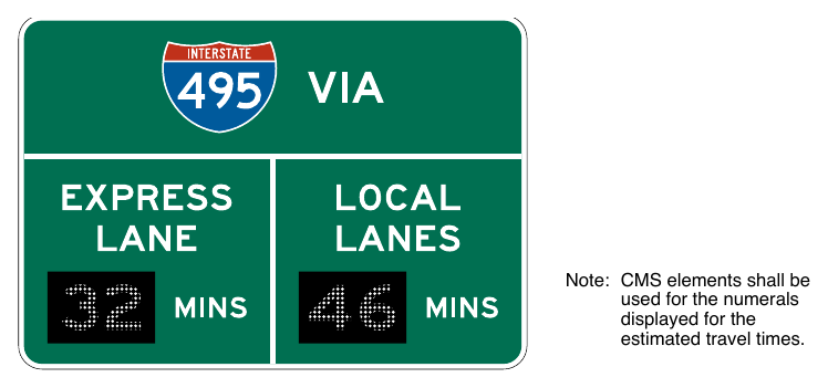 Figure 2G-26. Example of a Comparative Travel Time Information Sign for Preferential or Managed Lanes