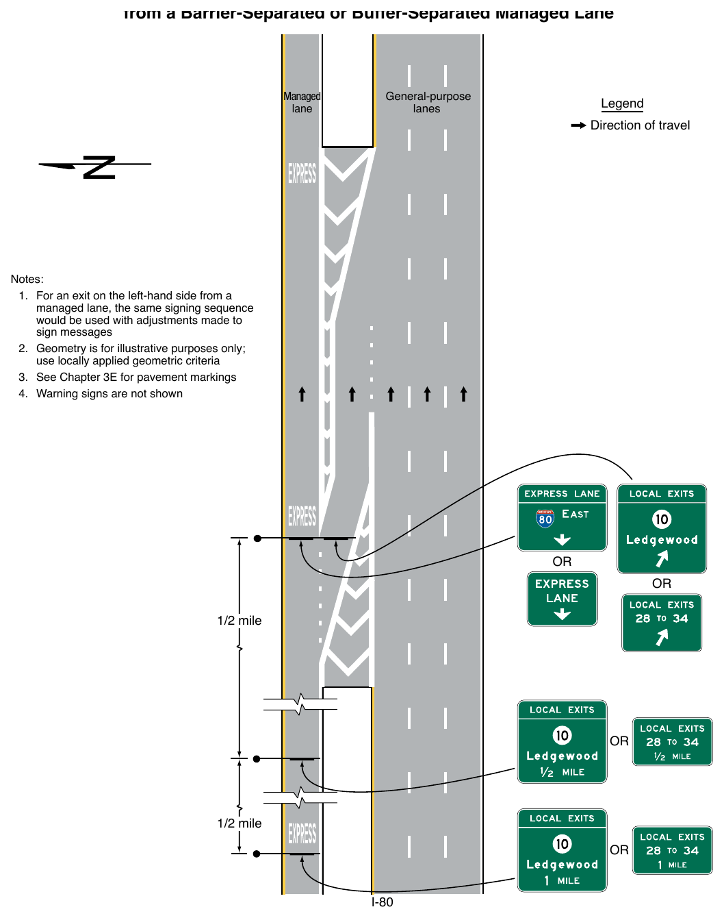 Figure 2G-27. Examples of Guide Signs for an Intermediate Egress from a Barrier-Separated or Buffer-Separated Managed Lane