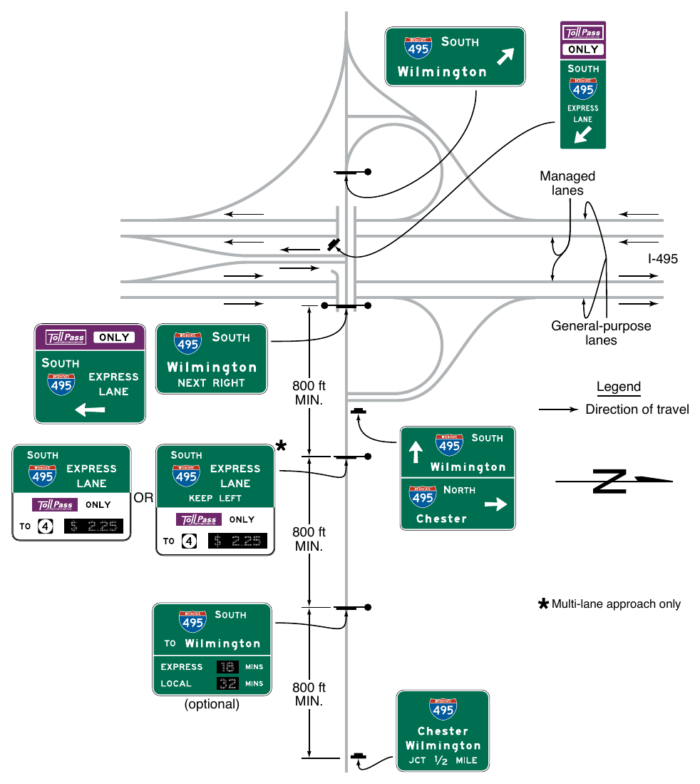 Figure 2G-31. Examples of Guide Signs for Separate Entrance Ramps to General-Purpose and Priced Managed Lanes from the Same Crossroad