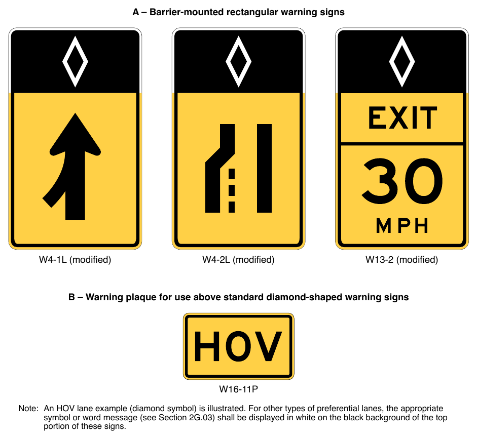 Figure 2G-4. Examples of Warning Signs and Plaques Applicable Only to Preferential Lanes