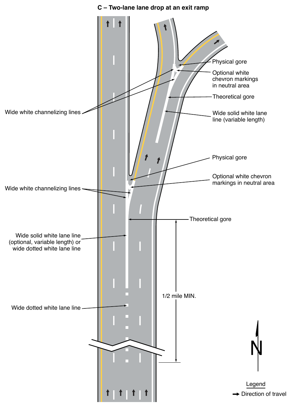 Figure 3B-11. Examples of Applications of Freeway and Expressway Lane-Drop Markings (Sheet 3 of 6)